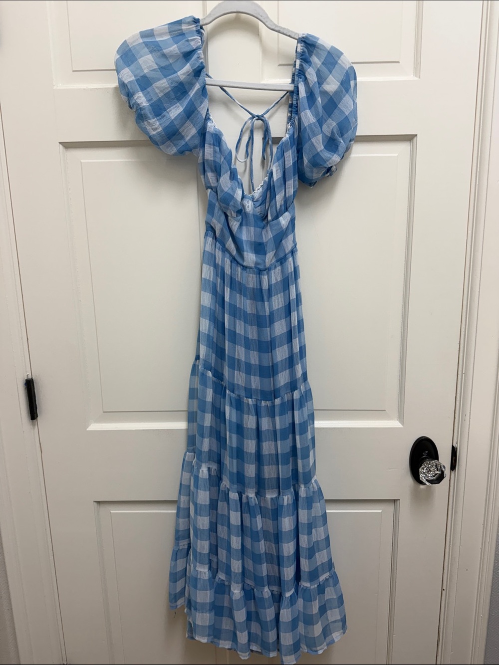 Princess Polly Blue Gingham Puff-Sleeve Maxi Dress